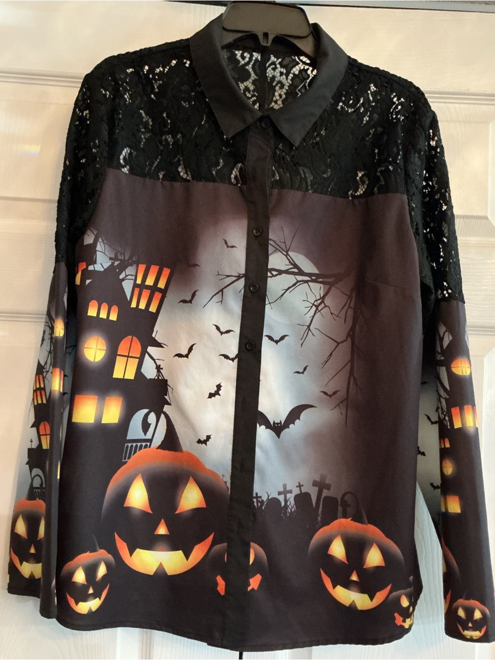 Halloween Jack-O'-Lantern Lace Yoke Button-Up Shirt - Black